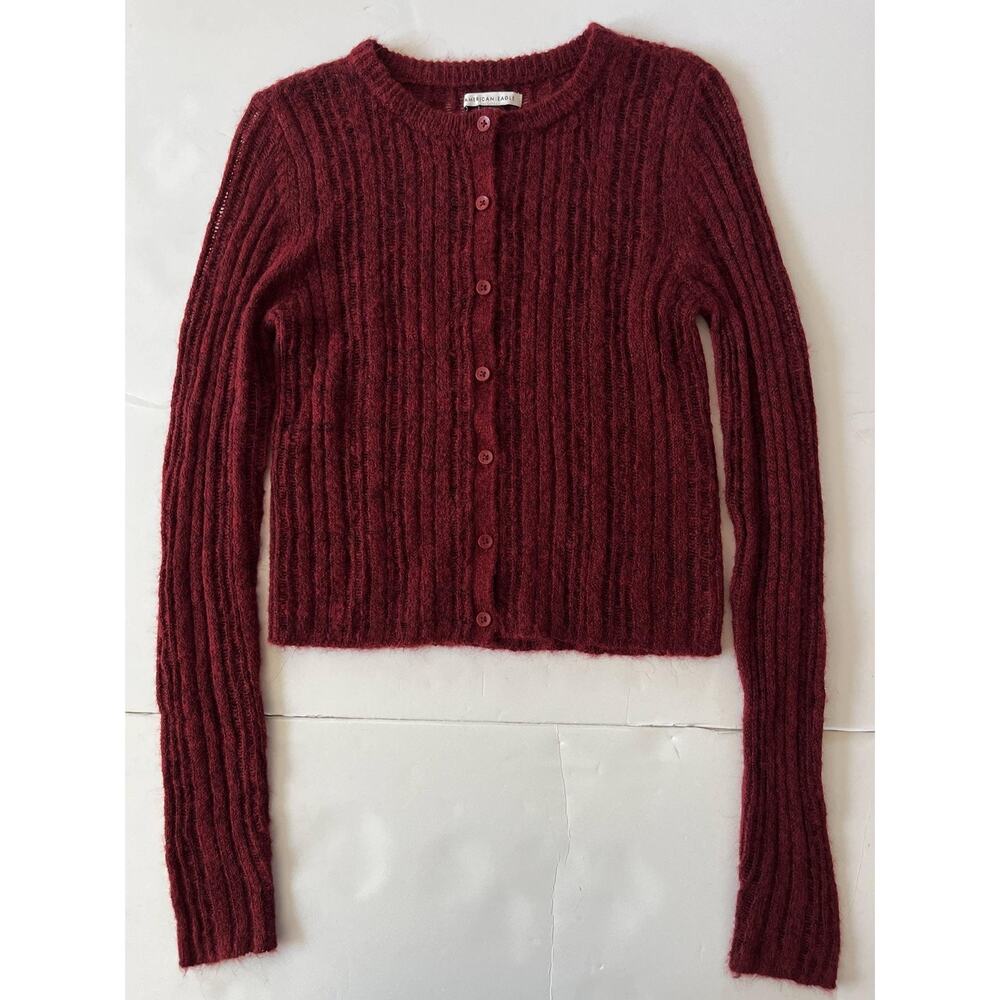 American Eagle Cardigan Sweater Women S Red Ribbed Knit Button Front Cropped